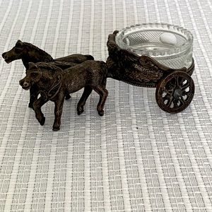 Antique Silver Plate Horses & Chariot with Clear Cut Glass Open Salt Cellar Dip
